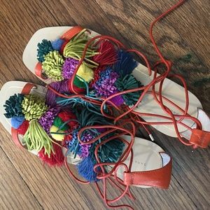 Zara Pom Pom Lace Up Sandals